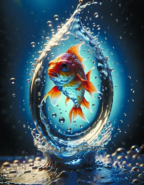 a close up of a goldfish in a water droplet with bubbles