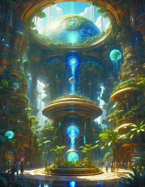 a painting of a futuristic city with a fountain and a clock