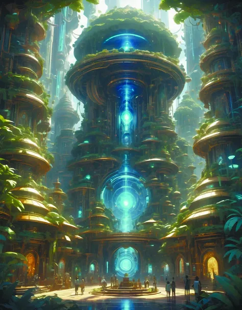 a futuristic city with a giant tower surrounded by trees