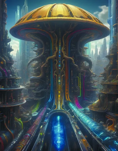 a painting of a futuristic city with a giant structure in the middle