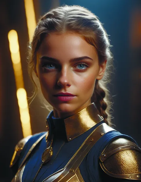 a woman in armor with a gold collar and a blue shirt