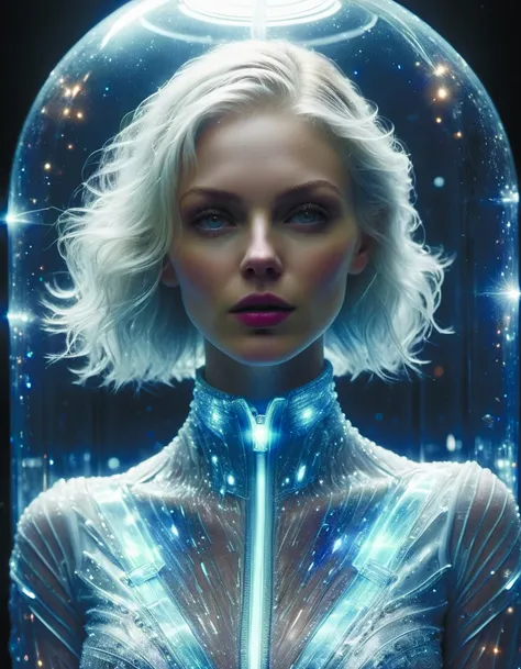 a woman in a futuristic outfit with a glowing halo above her head