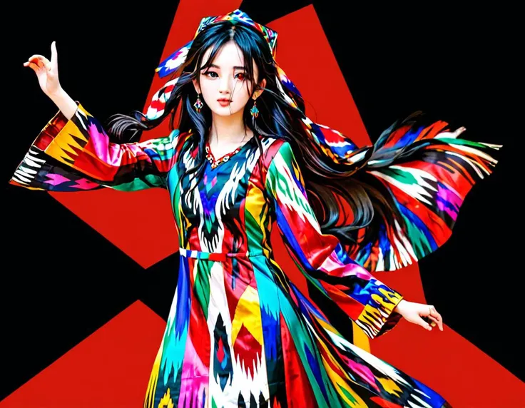 masterpiece, best quality, 1girl, wavy black hair blowing in the wind, in a colorful uyghur etles dress and wearing uyghur doppa, full body, <lora:etles:1>