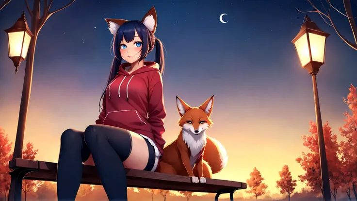 well defined female,fox ears,fox tail,sitting on a bench,thighhighs,shorts,hoodie with design,scarf,long messy shiny dark blue hair,long messy twintails,deep in the forest,autumn,windy,lanterns,night sky,night,