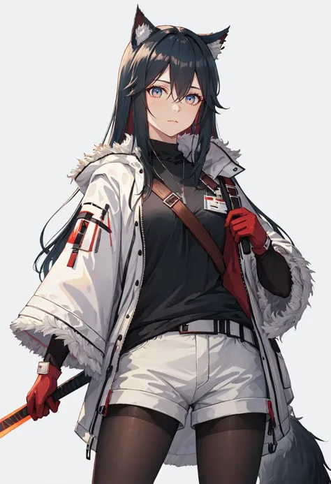 best quality, masterpiece, highres, solo, (texas_arknights:1.10), 1girl, black pantyhose, black shirt, long sleeves, official alternate costume, red gloves, holding sword, open clothes, white jacket, white shorts, looking at viewer, shoulder strap, short s...