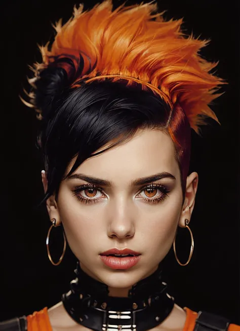 portrait of sks woman by Flora Borsi, style by Flora Borsi, bold, bright colours, orange Mohawk haircut, ((Flora Borsi)), <lora:locon_dualipa_v1_from_v1_64_32:1>