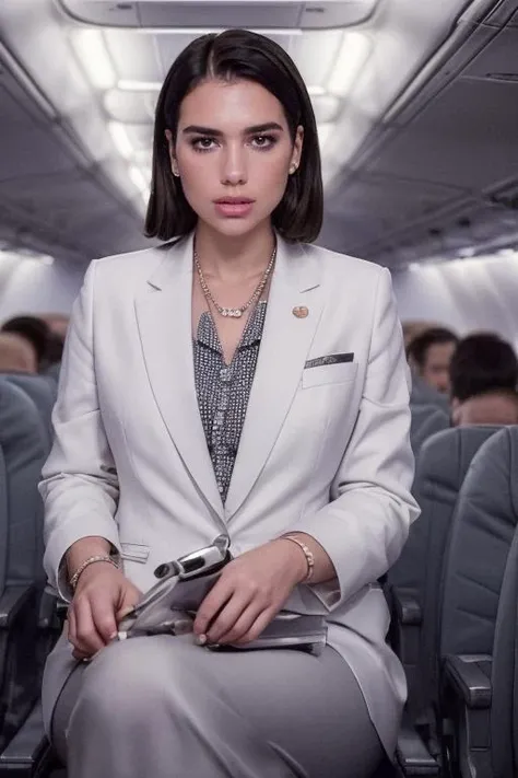 sks woman (dressed as a flight attendant), airplane aisle, freckles, blushing, pale skin, silver necklace, (long shot, full body) <lora:locon_dualipa_v1_from_v1_64_32:1.3>, full sharp, detailed face, looking at viewer, eye contact, (8k, RAW photo, best qua...