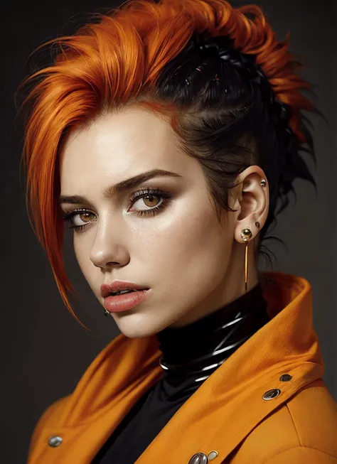 portrait of sks woman by Flora Borsi, style by Flora Borsi, bold, bright colours, orange Mohawk haircut, ((Flora Borsi)), <lora:locon_dualipa_v1_from_v1_64_32:1>