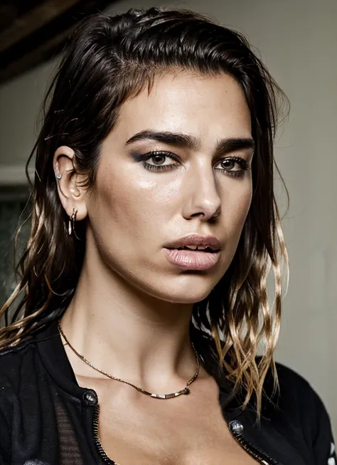 portrait RAW photo of sks woman, medium breasts, tan, dewy skin, sweaty skin, wavy hair, punk tshirt, punk, <lora:locon_dualipa_v1_from_v1_64_32:1.25>