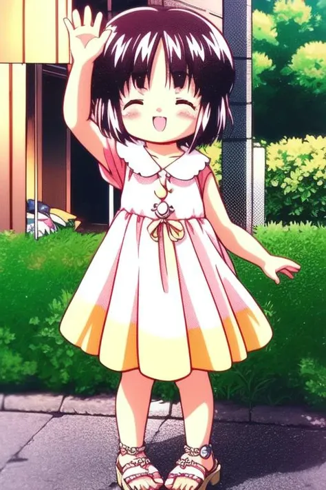 <lora:KonoharaKonomi:1> KonoharaKonomi, 1girl, solo, short hair, waving, closed eyes, sandals, dress, blush, child, smile, 1990s (style), anime, anime_screencap, animated gif, mp4 ,video, animated, 
masterpiece, high quality, very_high_resolution, large_fi...