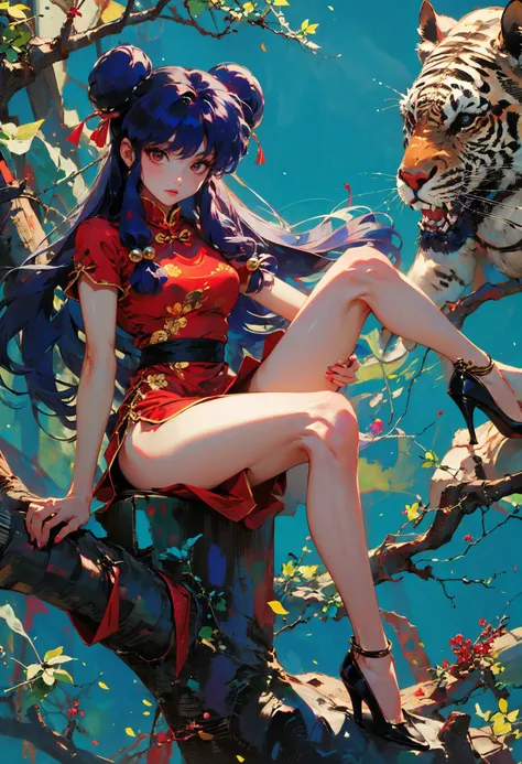 xuer Shampoo,1girl,shampoo (ranma 1/2),purple hair,double bun,solo,chinese clothes,hair bun,long hair,red eyes,hair ornament,sitting,hair bell,looking at viewer,sidelocks,makeup,bangs,black footwear,blue background,shoes,
purple hair,double bun,long hair,(...