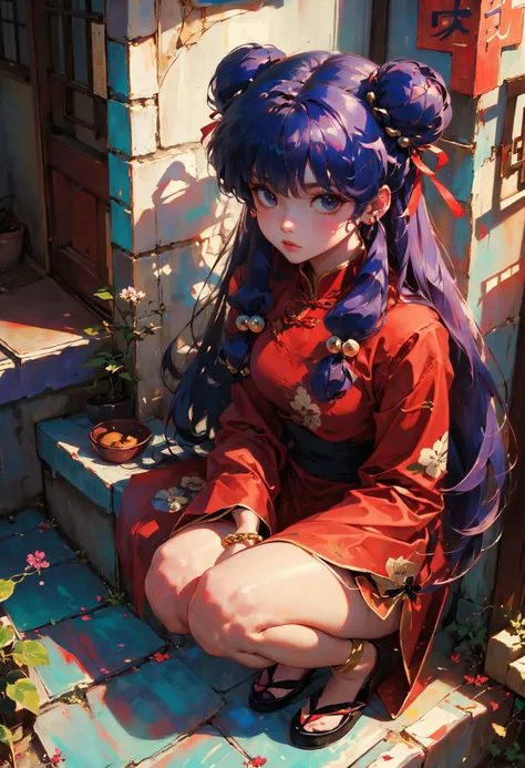 anime girl sitting on steps with blue hair and purple hair