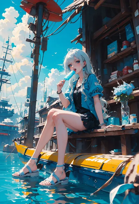 a woman sitting on a dock with a blue and yellow boat