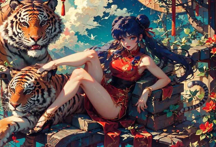 xuer Shampoo,1girl,tiger,chinese clothes,double bun,twintails,long hair,hair bun,jewelry,solo,red dress,earrings,looking at viewer,sitting,breasts,very long hair,black hair,blue eyes,bangs,sleeveless,animal,year of the tiger,knee up,open mouth,medium breas...