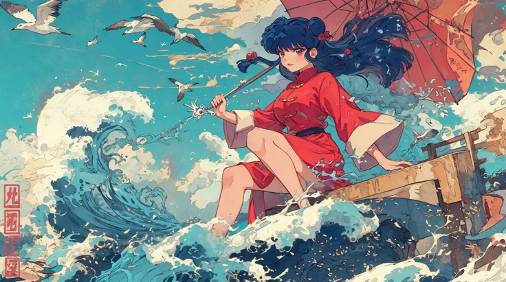 xuer Shampoo,1girl,shampoo (ranma 1/2),solo,bird,long hair,chinese clothes,red footwear,red eyes,waves,cloud,water,sky,looking at viewer,red dress,sitting,hair bun,oil-paper umbrella,seagull,red bow,bangs,outdoors,blue sky,watercraft,barefoot,hair bow,doub...