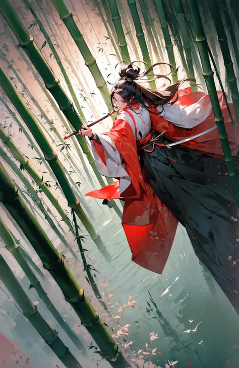 To shoot from above.,art by Zao Wou-ki,extreme close - up,focus on face,A woman in Hanfu,wearing a white transparent veil Chinese swordsman floats over the bamboo forest and stretches his body,solo,gopro photography,enemy falling to the ground,ancient Chin...