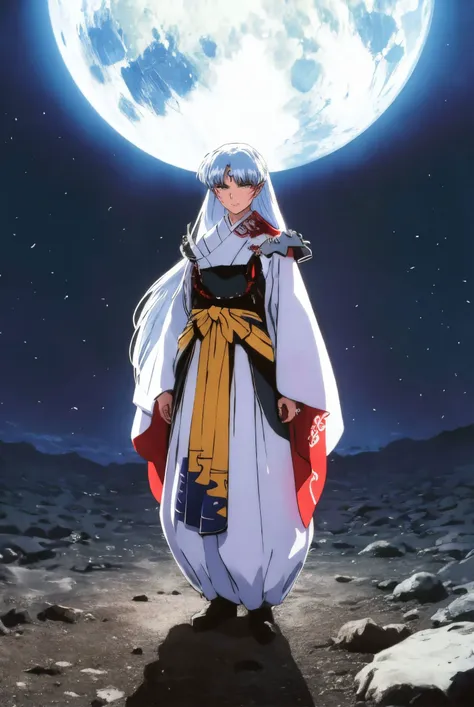 a woman in a white robe standing in front of a full moon