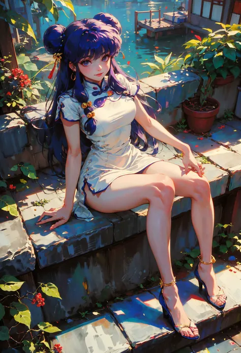 anime girl sitting on steps with a backpack and flowers