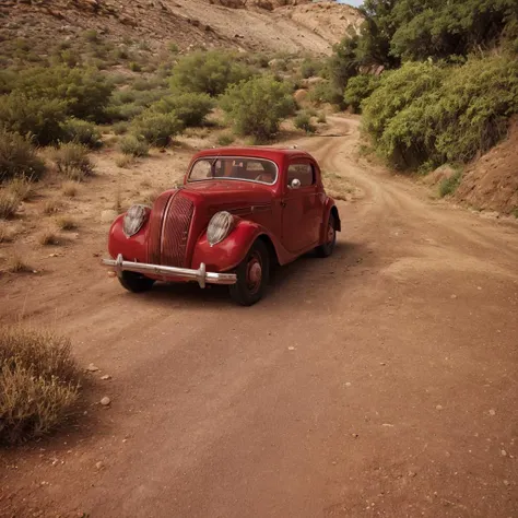 ((masterpiece)) analog photo, cinematic sunrise break
( red car:1.3) ,  in epic desert  landscape,   <lora:skoda-popular-mc2b:0....