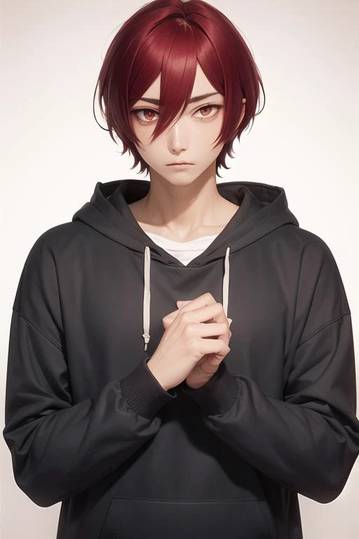 masterpiece, best quality, high quality, 1boy, solo, male focus, looking at viewer, upper body, <lora:kakeru_sengoku:0.52>, kakeru_sengoku, red eyes, red hair, hair between eyes, short hair, , hoodie