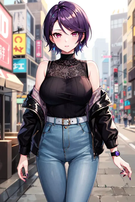 masterpiece, best quality, highres, 1girl, solo, pants, short hair, jewelry, purple hair, earrings, black shirt, swept bangs, jeans, watch, bangs, nail polish, pink eyes, sleeveless shirt, wristwatch, large breasts, thigh gap, purple eyes, off-shoulder jac...