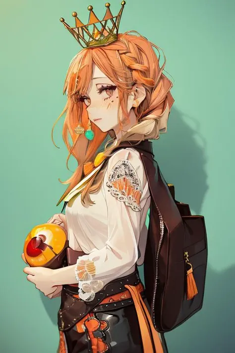 (masterpiece, best quality), 1girl, Tangerine Messy Braided Crown, Size F breasts, Chocolate Cherry Bell-sleeve bohemian blouse with embroidery. and High-waisted leather leggings with a glossy finish, garter straps, Resting on a boulder, looking out into t...