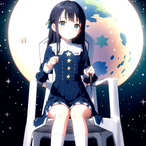 best quality, highly detailed, detailed background,<lora:motivatedchair:1>, motivatedchair, 1girl, little girl, dress, sitting on chair, space, stars, planet, wildlife