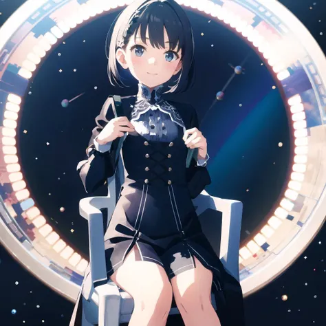 best quality, highly detailed, detailed background,<lora:motivatedchair:1>, motivatedchair, 1girl, little girl, dress, sitting on chair, space, stars, planet, wildlife