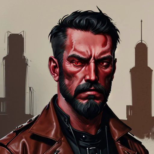 a man with a beard and a leather jacket standing in front of a city