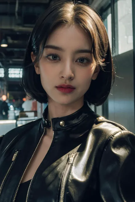 <lora:zyozyo:1>, a picture of zyozyo woman, cropped jacket, abs, midriff, frown, short hair, black hair, masterpiece, (detailed lighting, extremely detailed skin, extremely detailed hair, shadows, 8k), looking at viewer, (High Key Lighting), masterpiece, t...