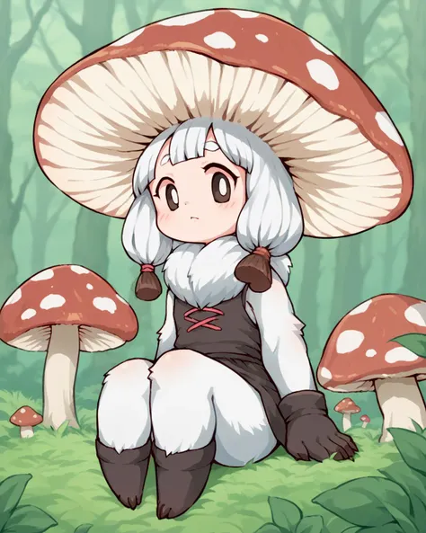 a cartoon picture of a woman sitting on the ground with a mushroom hat