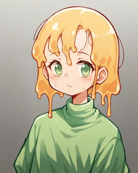 a cartoon girl with blonde hair and green eyes with a green turtle neck