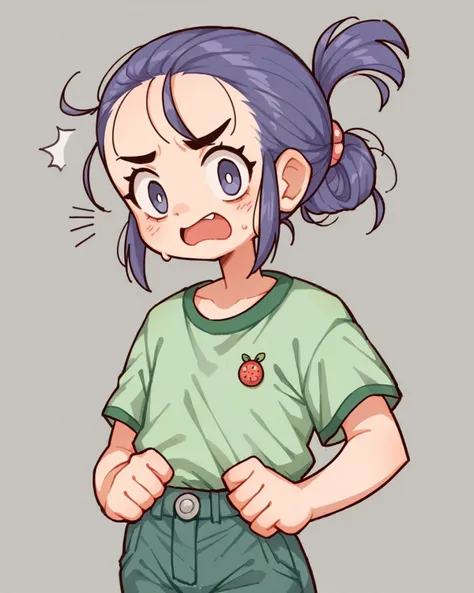 a cartoon girl with blue hair and a green shirt