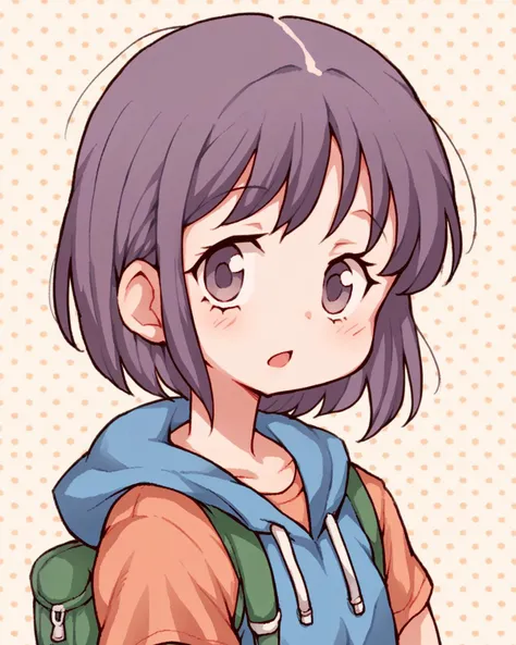 anime girl with backpack and backpack looking at something