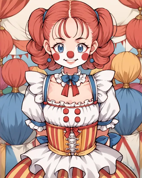 a close up of a woman in a clown costume standing in front of a circus tent