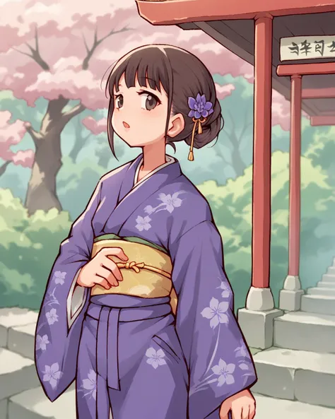 anime girl in kimono outfit standing in front of a building