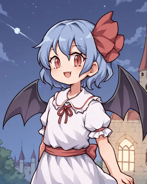 anime girl with blue hair and a red bow in front of a castle