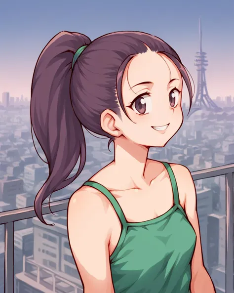 anime girl with ponytail hair standing on balcony overlooking city