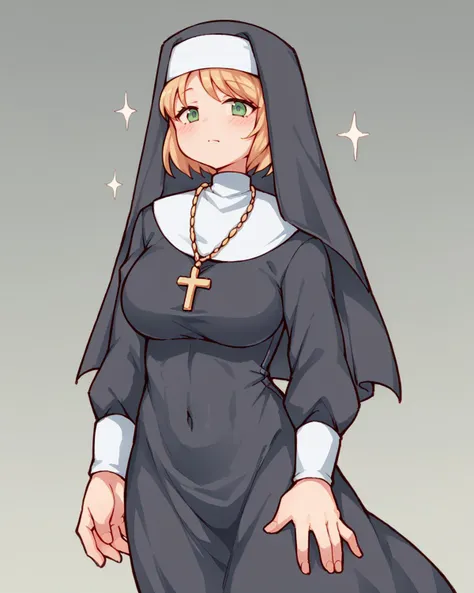 a cartoon of a nun with a cross on her shoulder