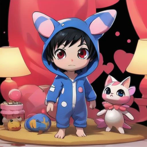 3dcharacter, 3dcutecharacter, chibi, 1boy, sebastian_michaelis, black hair, red eyes, (Meowstic, Meowstic_male:1.1), cosplay, (kigurumi, onesie:1.1), hood up, bedtime, childs bedroom, barefoot, (dim lighting:1.1), comfy, cozy, warm. <lora:111323-Meowstic_m...