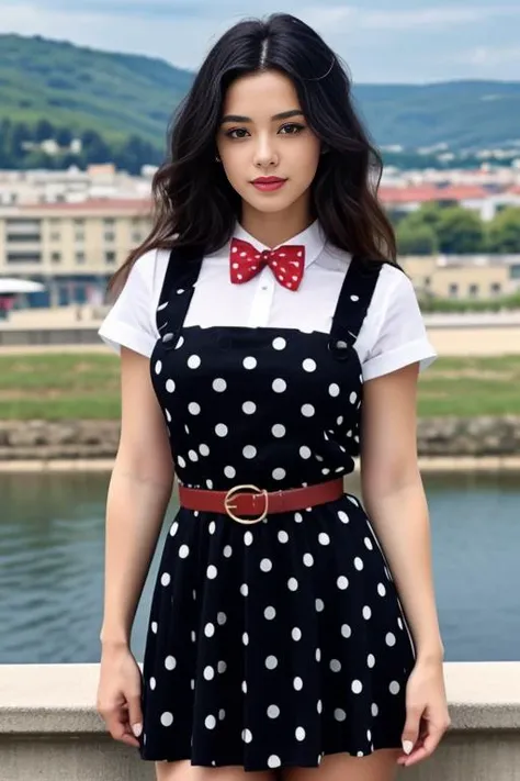 realistic, masterpiece, high detailed skin, looking at viewer, full body shot, scenic view, long hair, black hair
<lora:Pinafore_Polka_School_Dress_By_Stable_Yogi:1> polka dots pattern, black pinafore dress, long skirt, red bowtie, belt