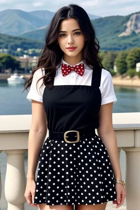 realistic, masterpiece, high detailed skin, looking at viewer, full body shot, scenic view, long hair, black hair
<lora:Pinafore_Polka_School_Dress_By_Stable_Yogi:1> polka dots pattern, black pinafore dress, long skirt, red bowtie, belt