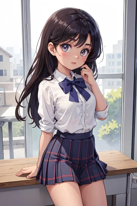 anime girl in school uniform posing by window with her hand on her chin