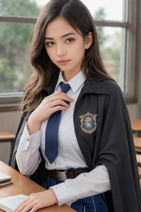 realistic, masterpiece, high detailed skin,  school uniform, long sleeves, black cape, black necktie, wing collar, shirt, belt, skirt, pantyhose, loafers ,upper body,magic city, magic school,class room window,Great Britain,,coat of arms patch,
 <lora:Black...