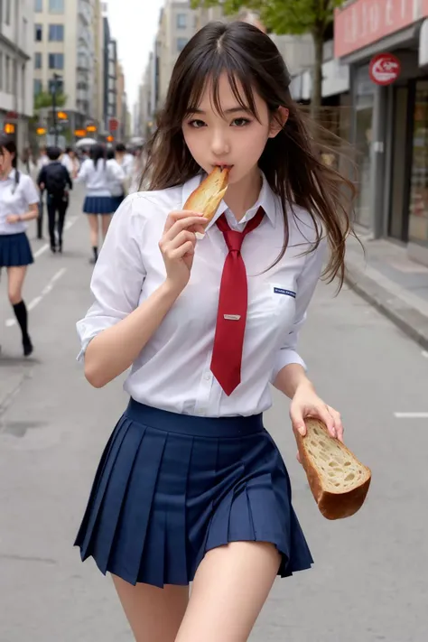 1girl,solo,shiny skin, school uniform, white shirt, red tie, (blue pleated microskirt),
running,(suck bread,eating bread:1.2),street corner,
 <lora:White_Blue_SchoolDress_By_Stable_Yogi:0.7>