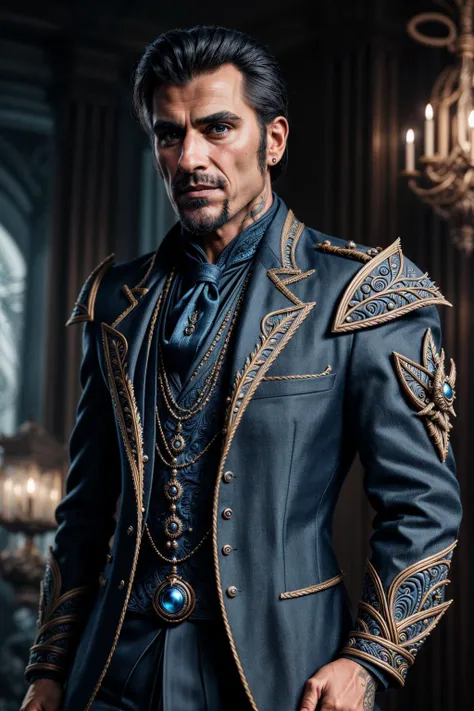 a photo of rugged and handsome man wearing ornamented suit in (EPEpochElfStyleV2:1.2),  hyper detailed masterpiece, dynamic, awesome quality,