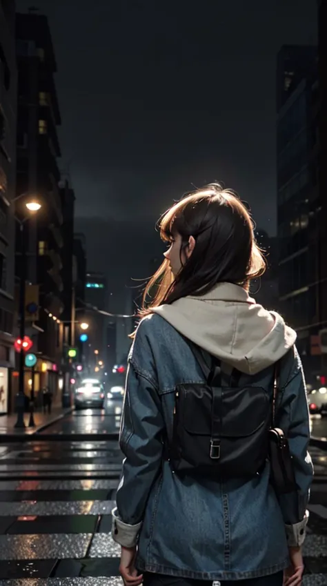 woman with backpack walking down a city street at night