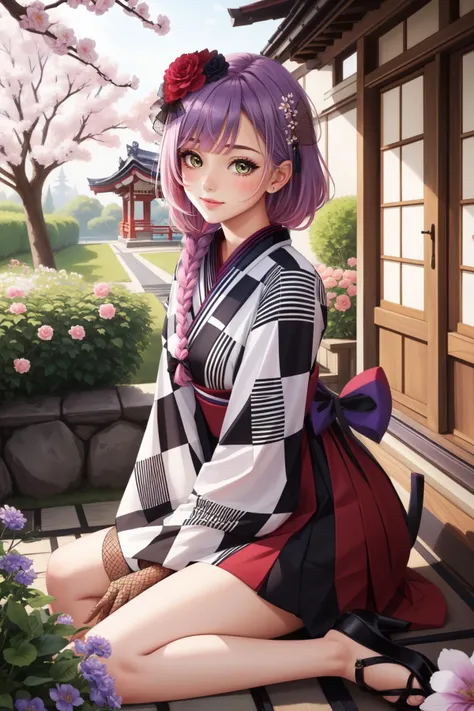 (masterpiece, best quality),  intricate details,
1girl, <lora:tokoyami towa 5:0.8>towanewyears, (single braid), (checkered kimono), japanese clothes, fishnet gloves, purple bow, (hair flower),
outdoors, garden, flowers, patio,  tree, sunlight, happy,