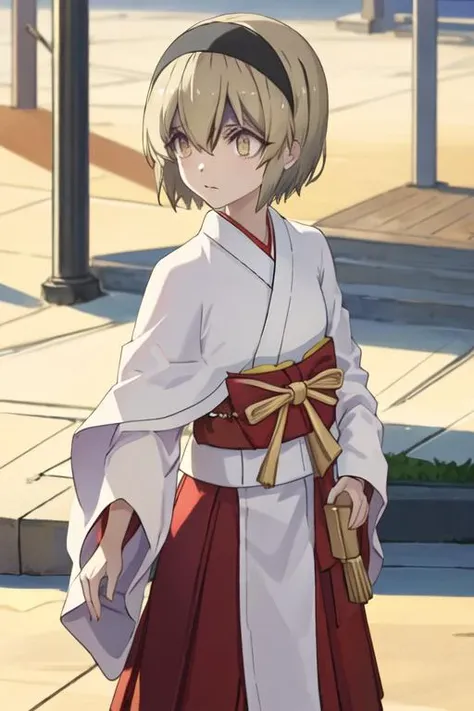 best quality, masterpiece, highres, solo, {white kimono:1.35}, {red hakama:1.35}, {wide sleeves:1.20}, {pekora_jashinchandropkick:1.15}, short_hair, hairband, blonde_hair, black_hairband, capelet, shaded_face, shiny_hair, hair_between_eyes