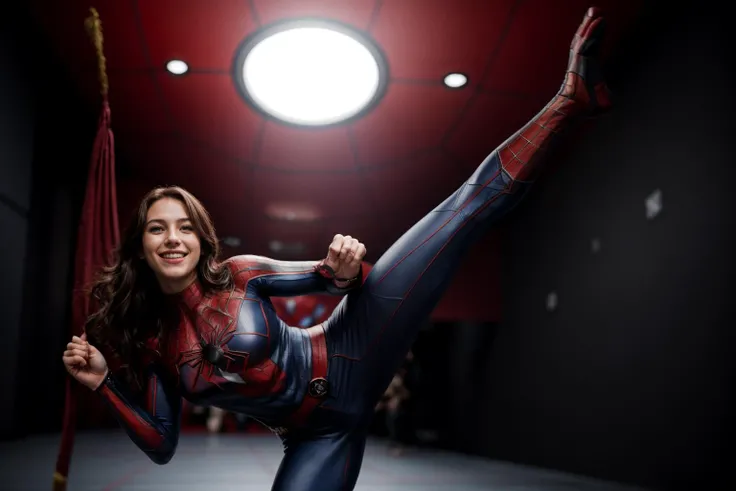 Marvel movies,full body,from below,photo of a 18 year old girl,spiderman,practicing Martial arts,happy,laughing,pants,ray tracing,detail shadow,shot on Fujifilm X-T4,85mm f1.2,depth of field,bokeh,motion blur,<lora:add_detail:1>,